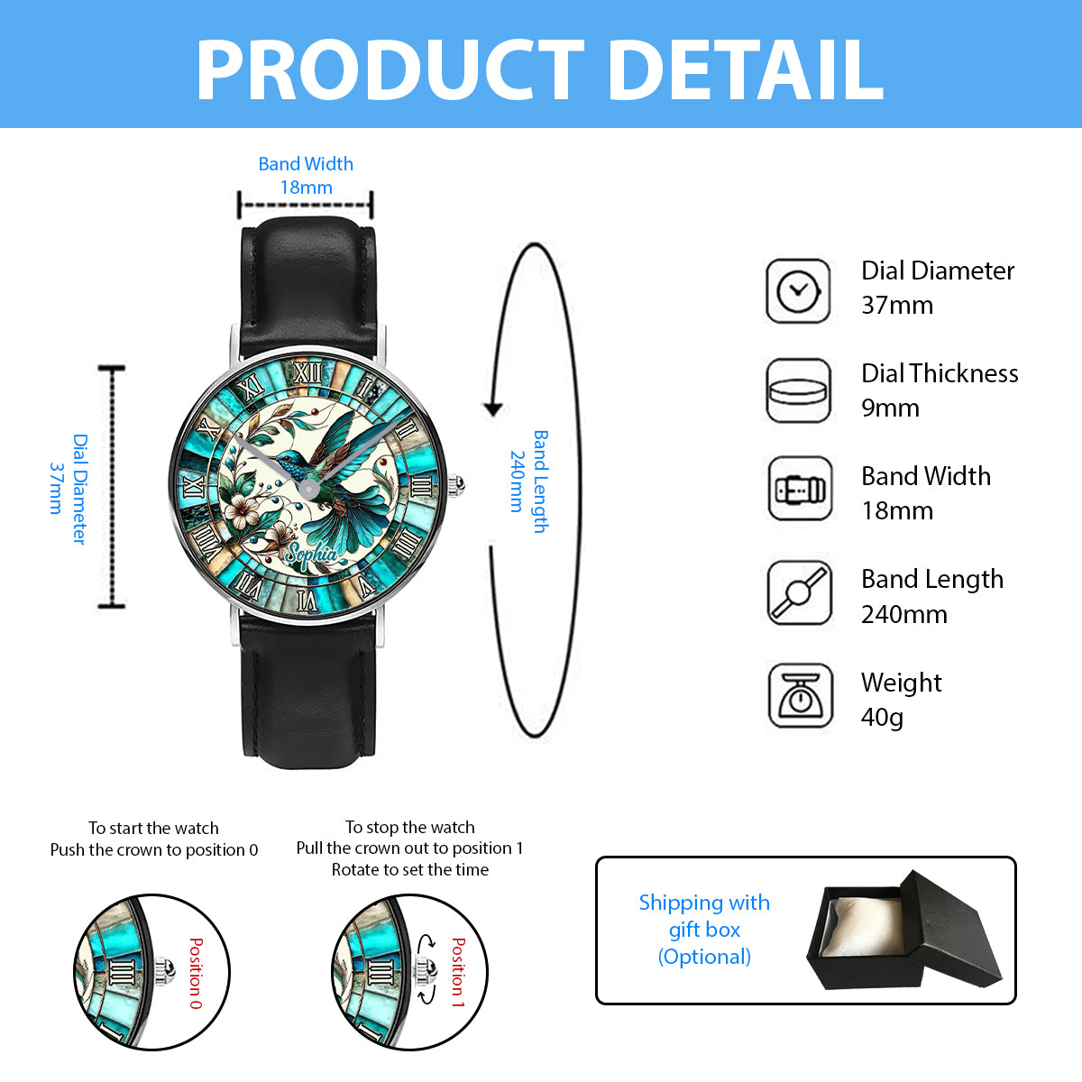 Colibri bleu - Montre-bracelet personnalisée Colibri
