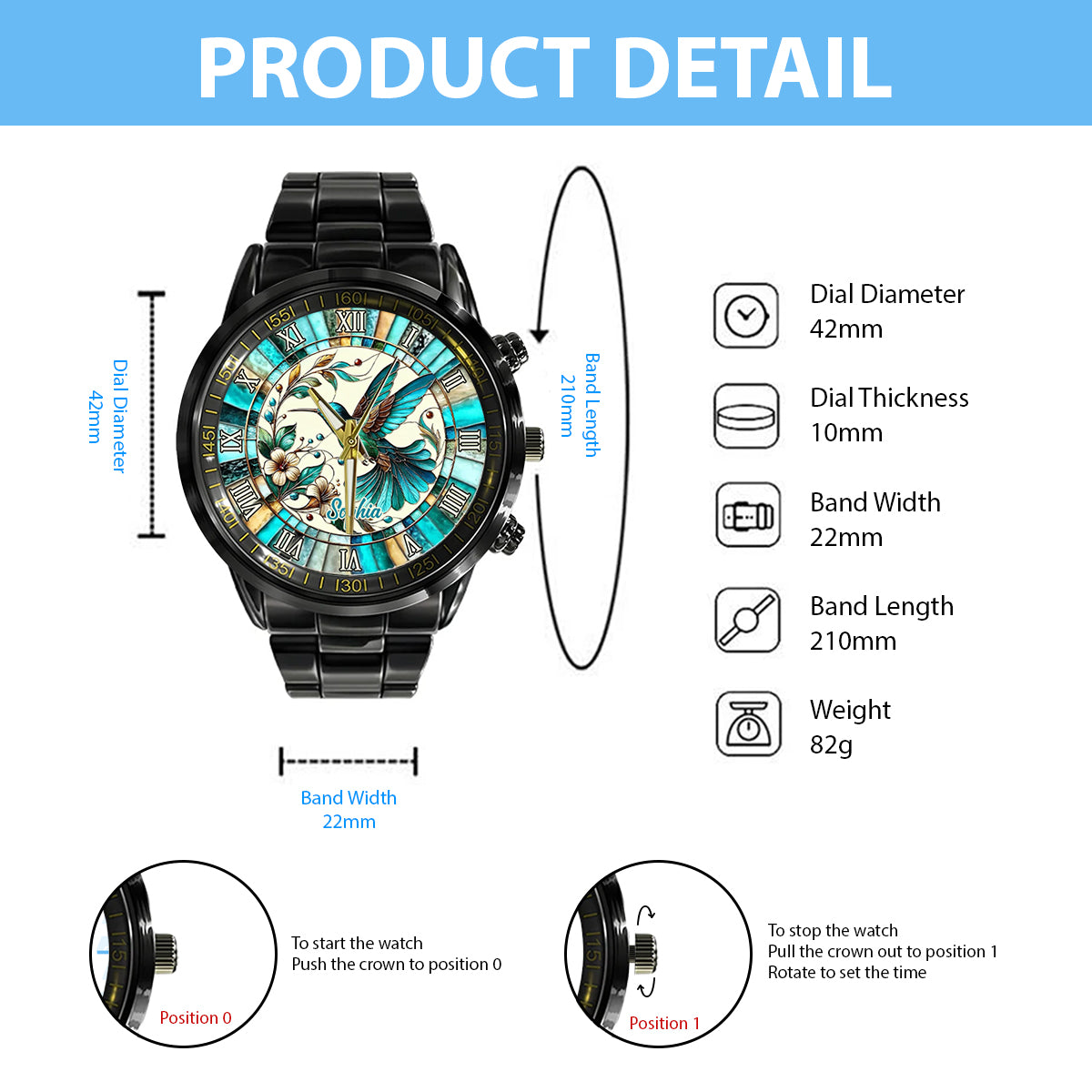 Colibri bleu - Montre-bracelet personnalisée Colibri