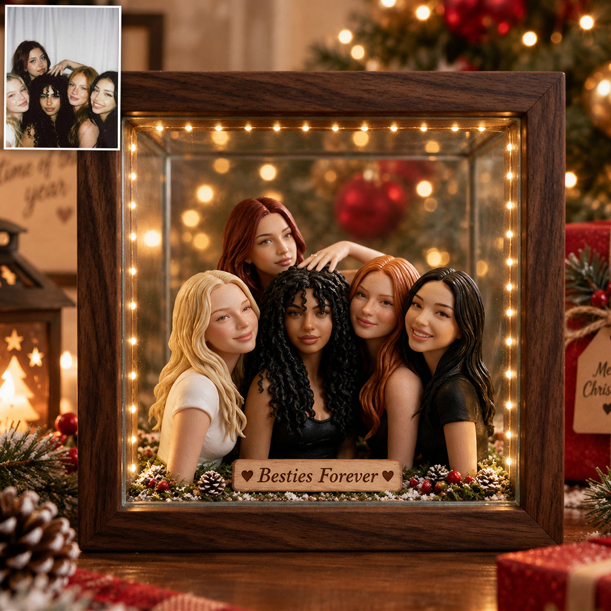 Miniature Style Gift, Custom From Any Photo - Personalized Family Wooden Frame LED Light