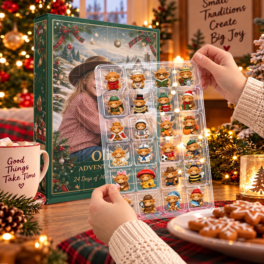 24 Days of Moo-gical Christmas - Personalized Highland Cow Advent Calendar With 3D Collectibles