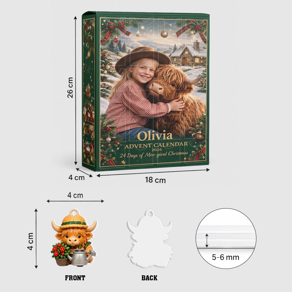 24 Days of Moo-gical Christmas - Personalized Highland Cow Advent Calendar With 3D Collectibles