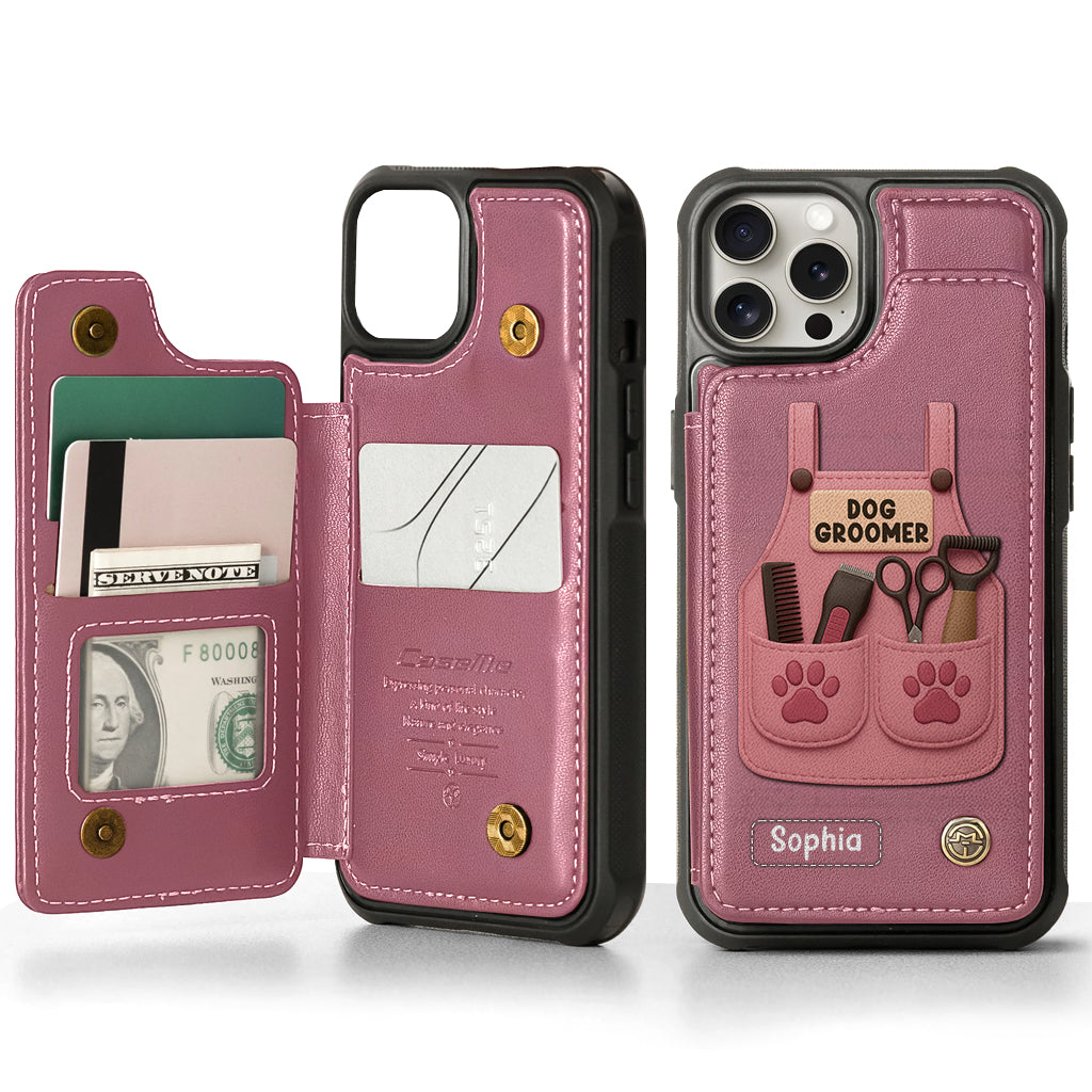 Étui portefeuille/téléphone personnalisé pour toiletteur canin, avec outils de toilettage et empreintes de pattes