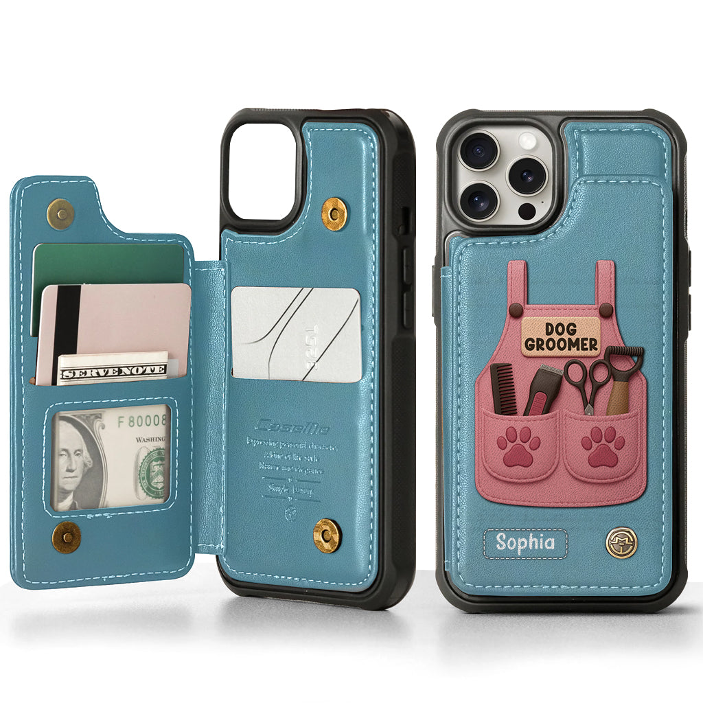 Étui portefeuille/téléphone personnalisé pour toiletteur canin, avec outils de toilettage et empreintes de pattes
