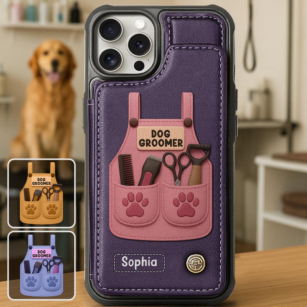 Étui portefeuille/téléphone personnalisé pour toiletteur canin, avec outils de toilettage et empreintes de pattes