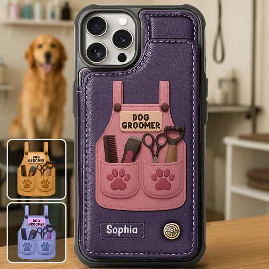 Geschenk für Hundefriseure mit Pflegeutensilien und Pfotenabdrücken – personalisierte Handyhülle mit Geldbörsenmotiven für Hundefriseure