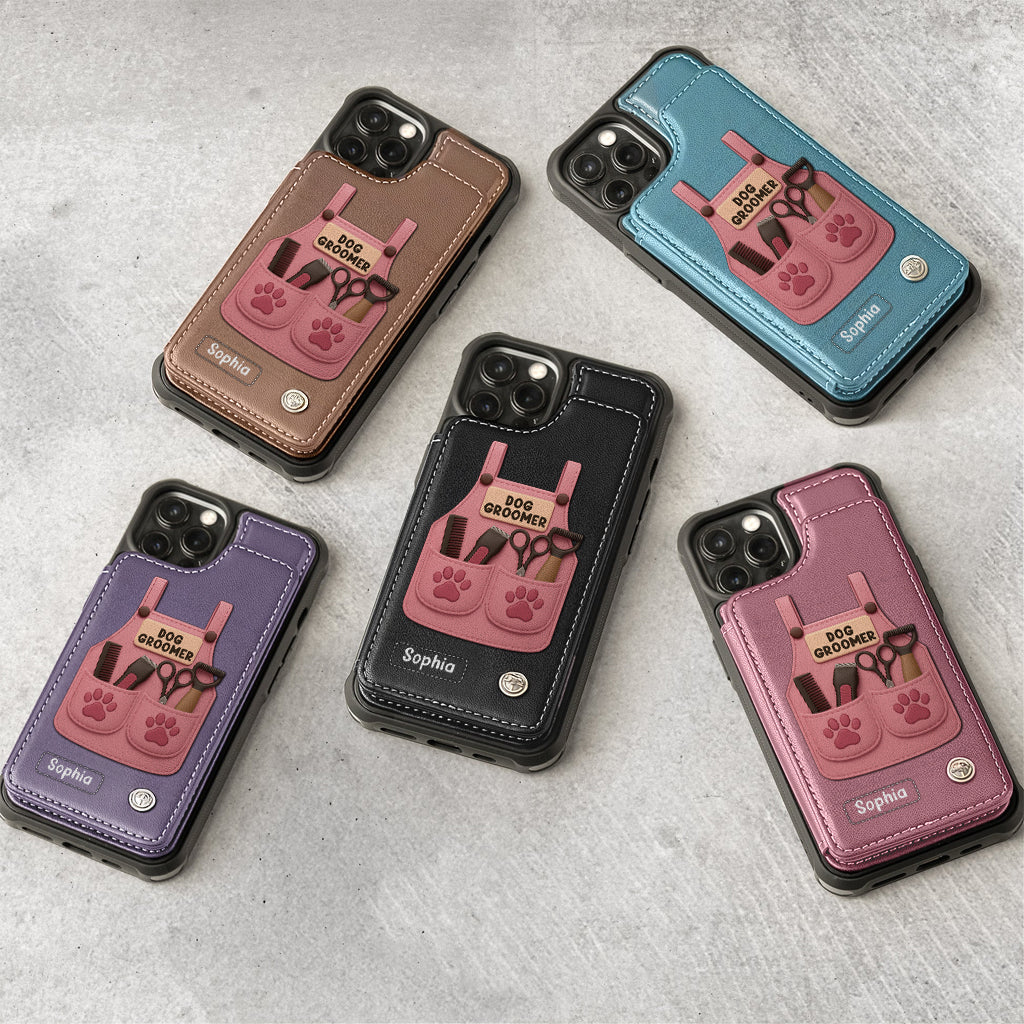 Étui portefeuille/téléphone personnalisé pour toiletteur canin, avec outils de toilettage et empreintes de pattes