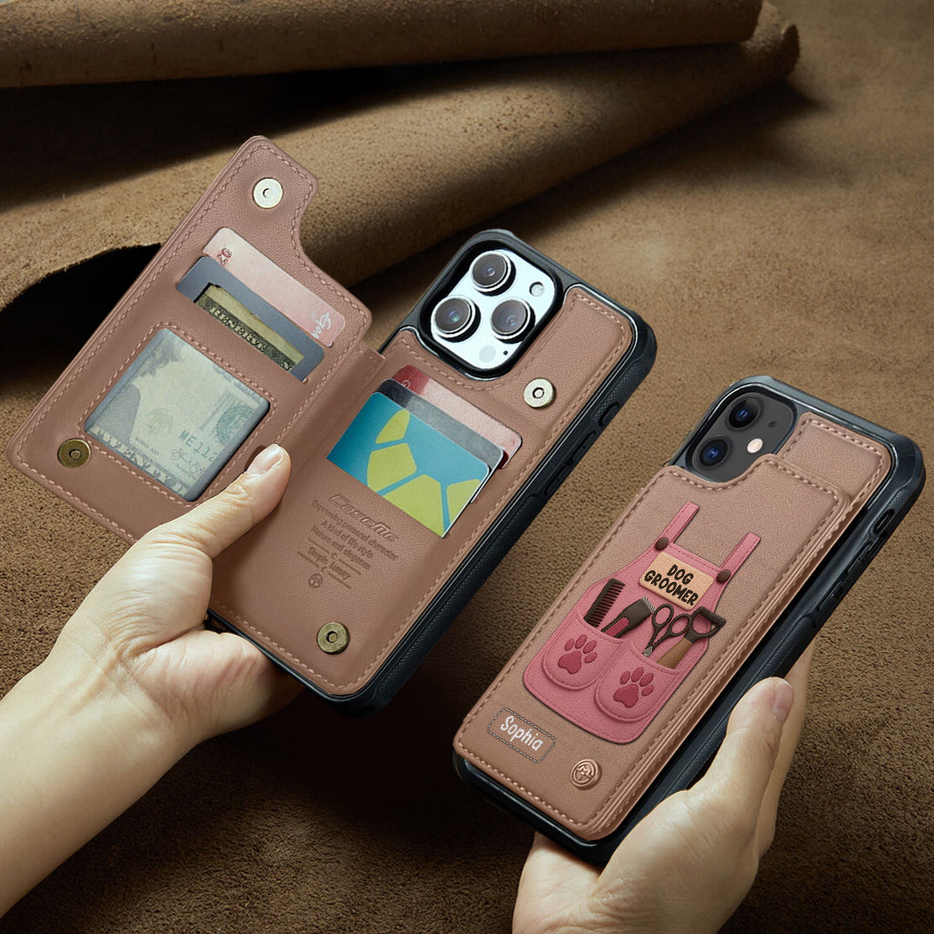 Étui portefeuille/téléphone personnalisé pour toiletteur canin, avec outils de toilettage et empreintes de pattes