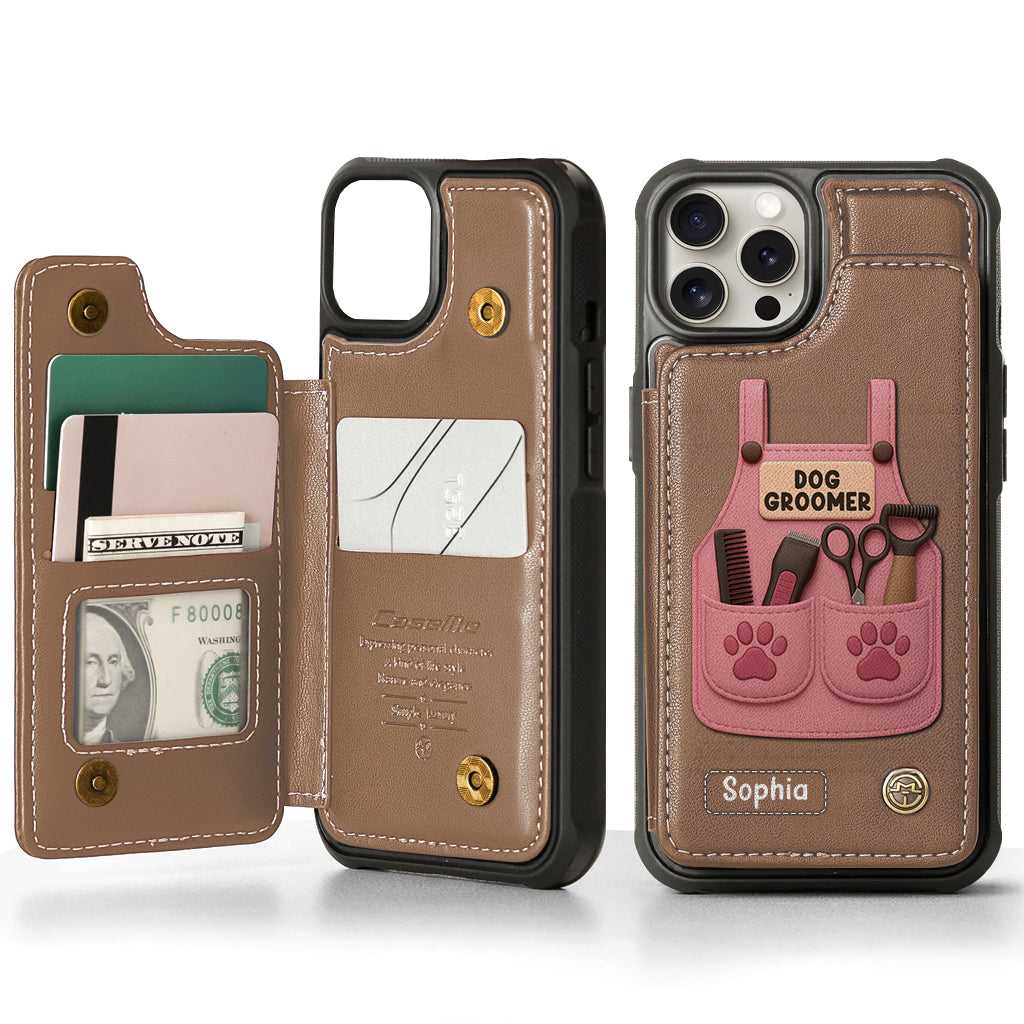 Étui portefeuille/téléphone personnalisé pour toiletteur canin, avec outils de toilettage et empreintes de pattes