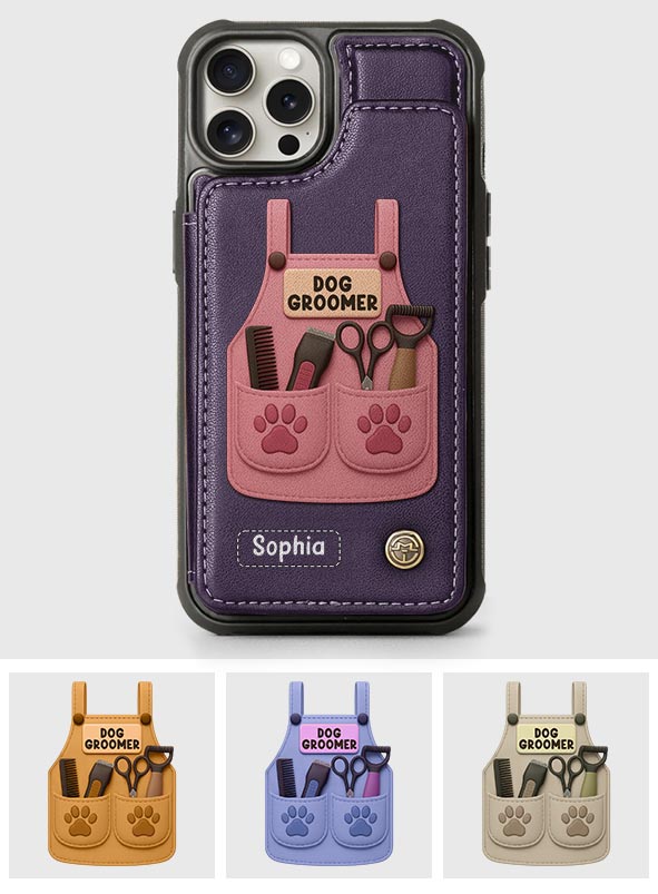 Étui portefeuille/téléphone personnalisé pour toiletteur canin, avec outils de toilettage et empreintes de pattes