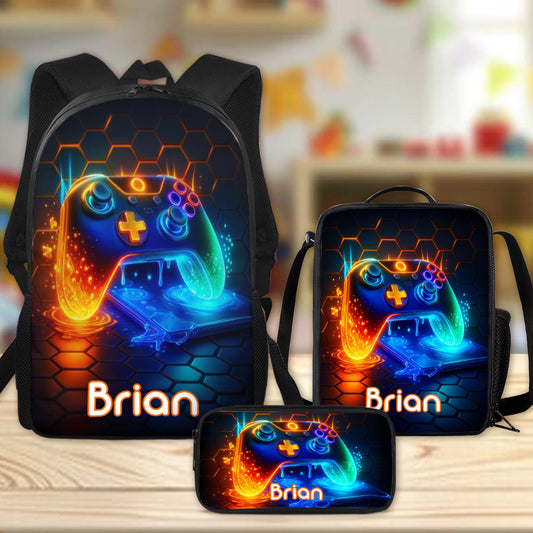 Poignée de jeu - Ensemble de trois sacs d'école grande capacité pour garçons - Sac à dos, sac à lunch et trousse personnalisés pour enfants