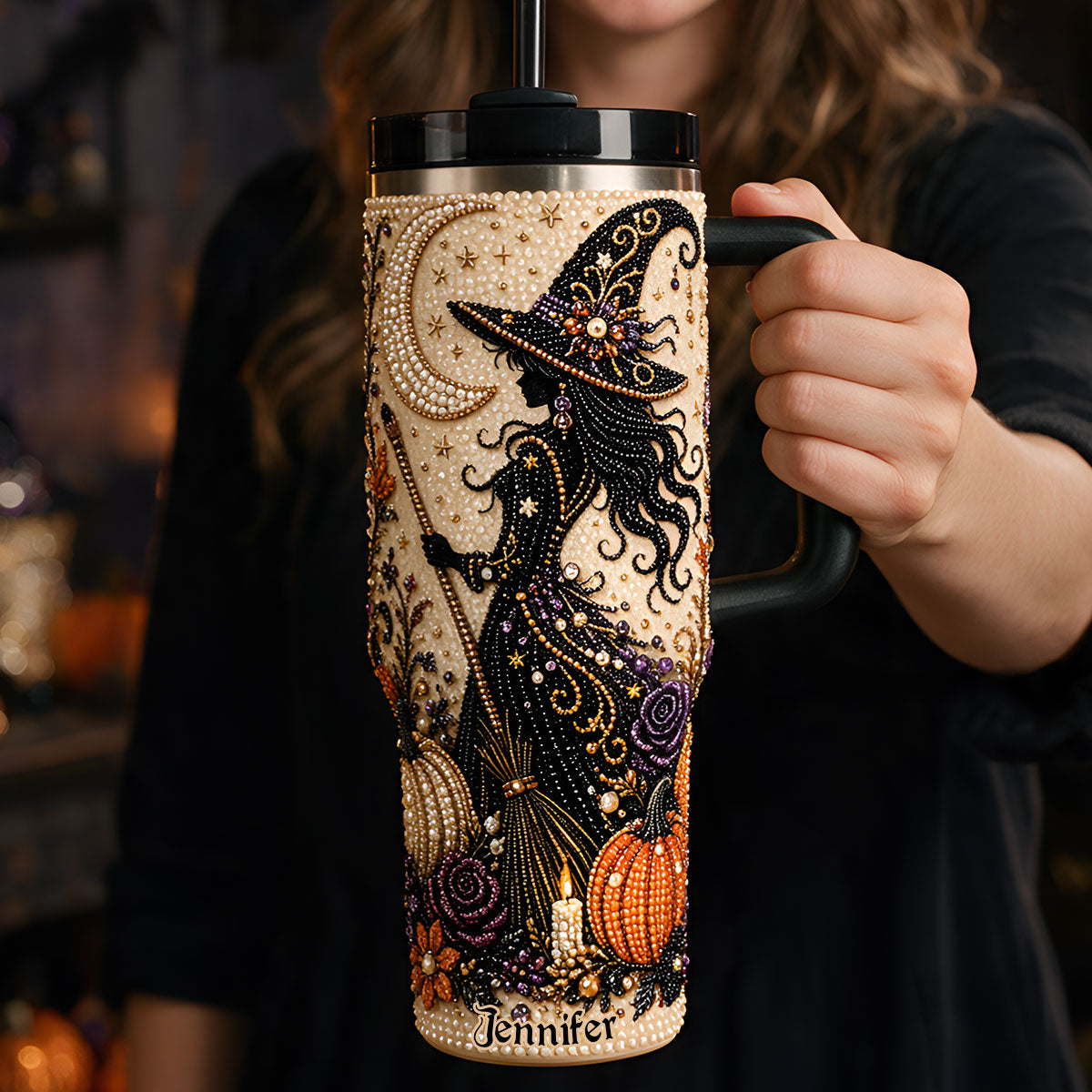 Diamond Witch - Personalized Witch Rhinestone Tumbler With Handle