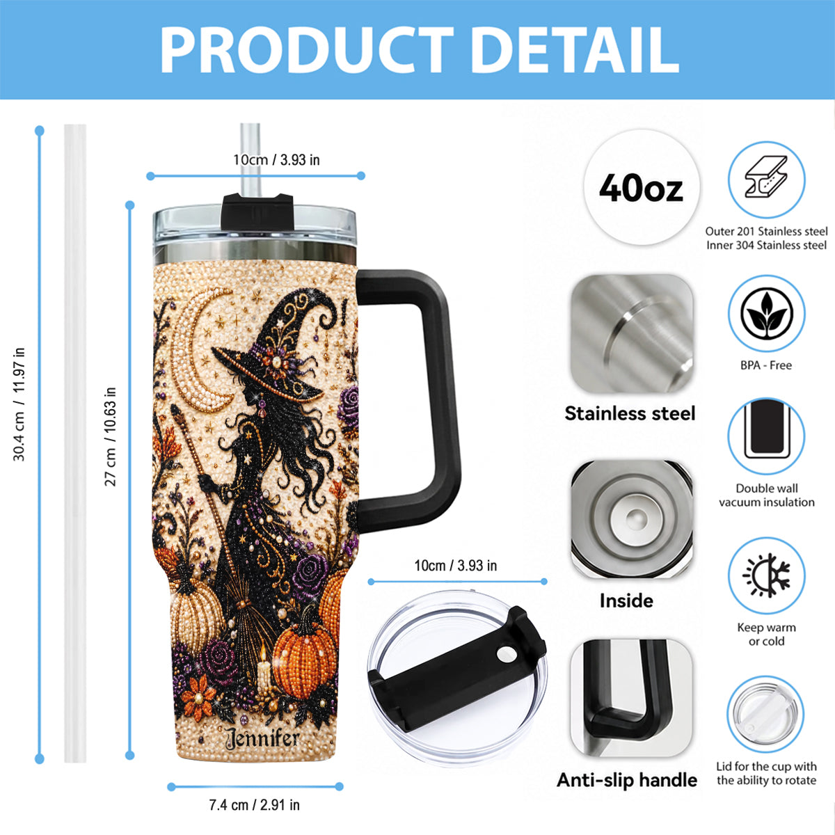 Diamond Witch - Personalized Witch Rhinestone Tumbler With Handle
