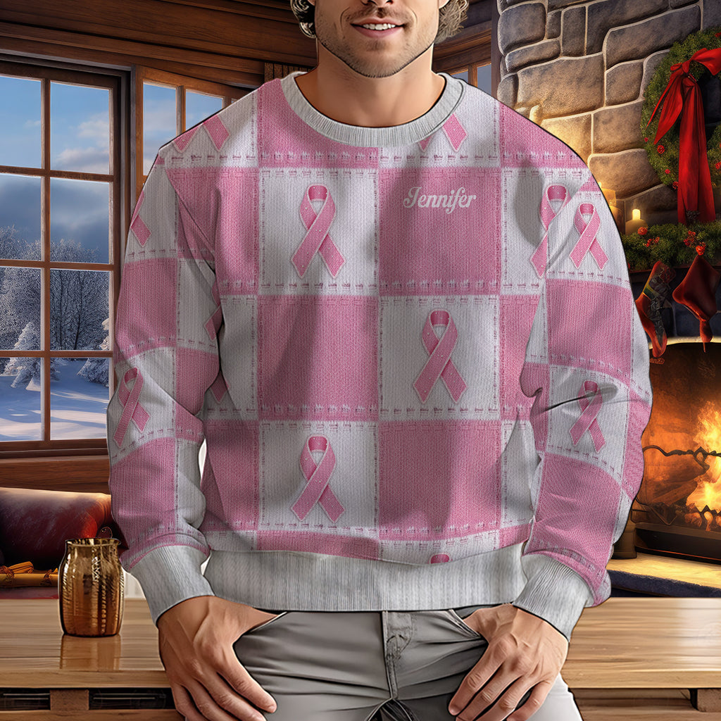 Brustkrebs-Aufklärung mit rosa Schleife – Personalisierter hässlicher Pullover zur Brustkrebs-Aufklärung