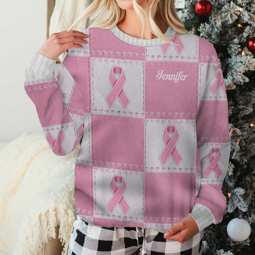 Brustkrebs-Aufklärung mit rosa Schleife – Personalisierter hässlicher Pullover zur Brustkrebs-Aufklärung