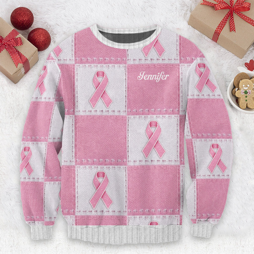 Brustkrebs-Aufklärung mit rosa Schleife – Personalisierter hässlicher Pullover zur Brustkrebs-Aufklärung