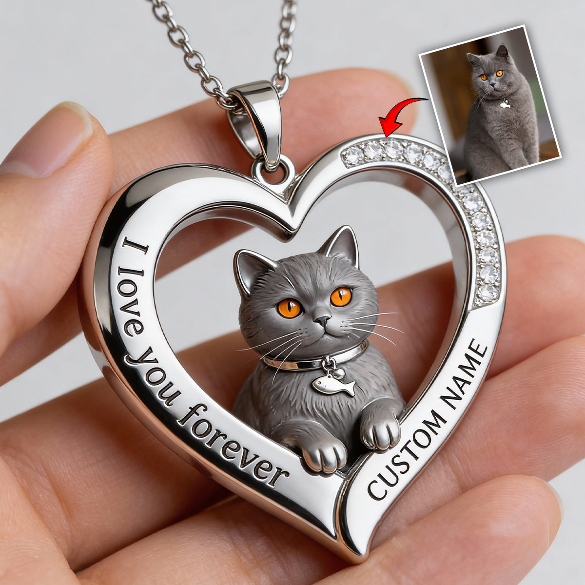 Collier pendentif en métal personnalisé en forme de chat, réalisé à partir de n'importe quelle photo