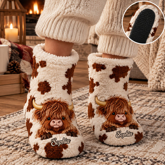 Amour Vache des Highlands - Chaussons Bottes en Fourrure Synthétique Personnalisés
