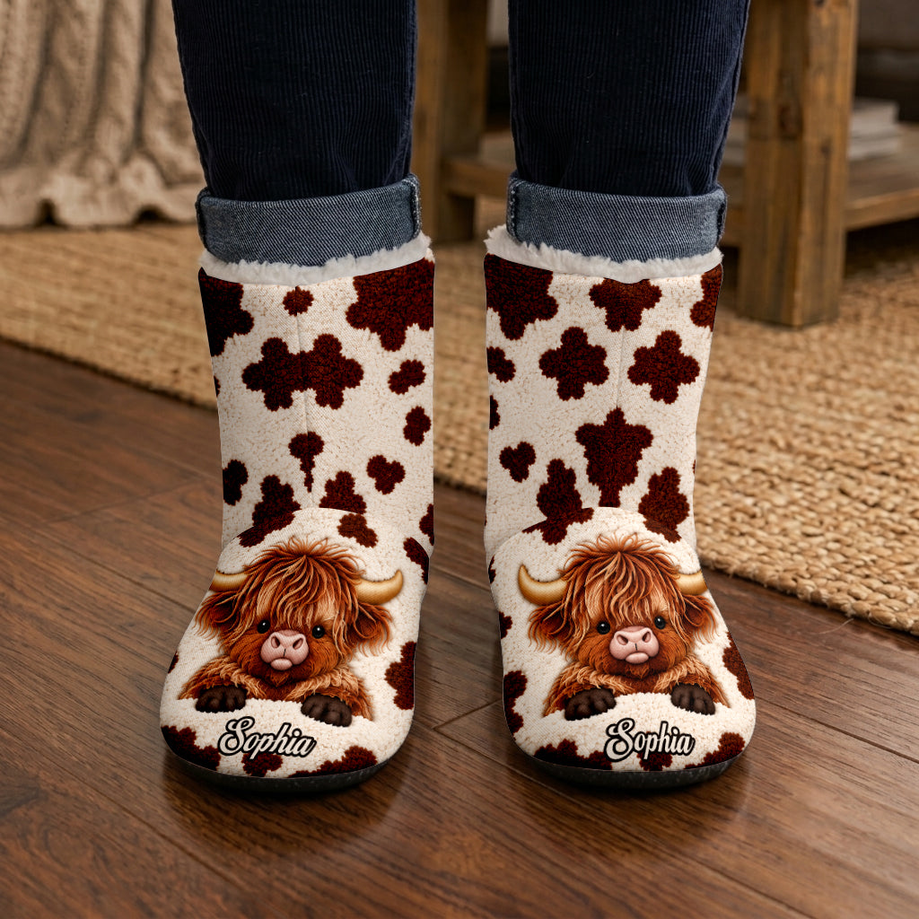 Love Highland Cow - Personalized Highland Cow Faux Fur Boot Slippers
