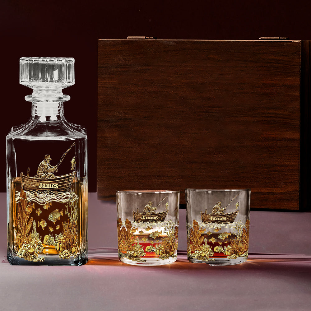 Personalisiertes Whiskyflaschen- und Glas-Set für Angler – Personalisiertes Whisky-Dekanter-Set für Angler