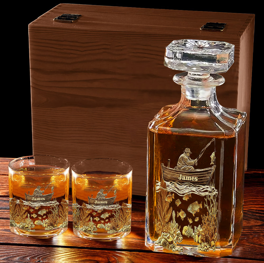 Personalisiertes Whiskyflaschen- und Glas-Set für Angler – Personalisiertes Whisky-Dekanter-Set für Angler