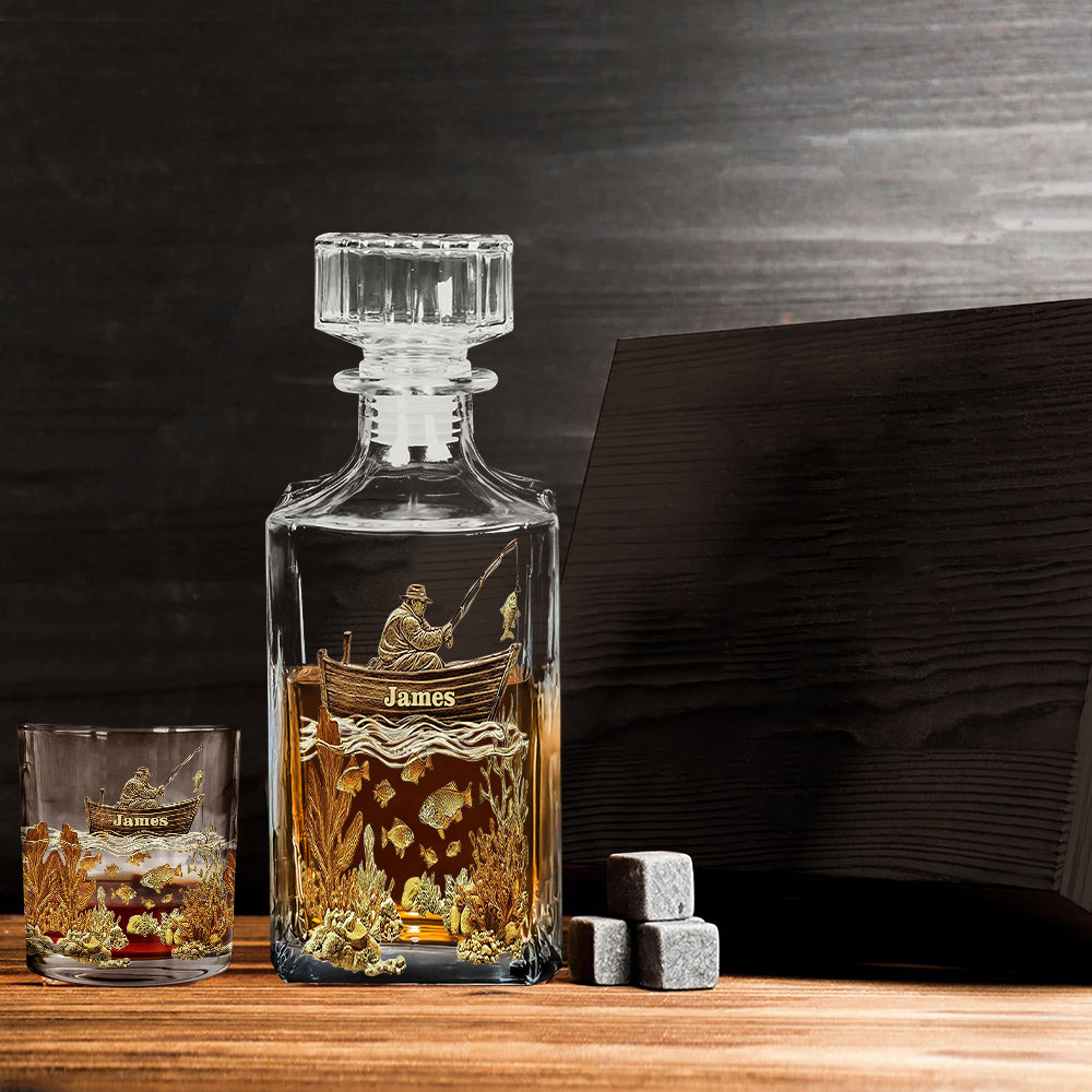 Personalisiertes Whiskyflaschen- und Glas-Set für Angler – Personalisiertes Whisky-Dekanter-Set für Angler