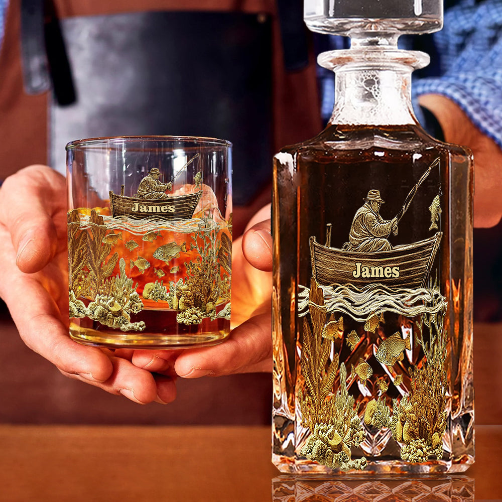 Personalisiertes Whiskyflaschen- und Glas-Set für Angler – Personalisiertes Whisky-Dekanter-Set für Angler