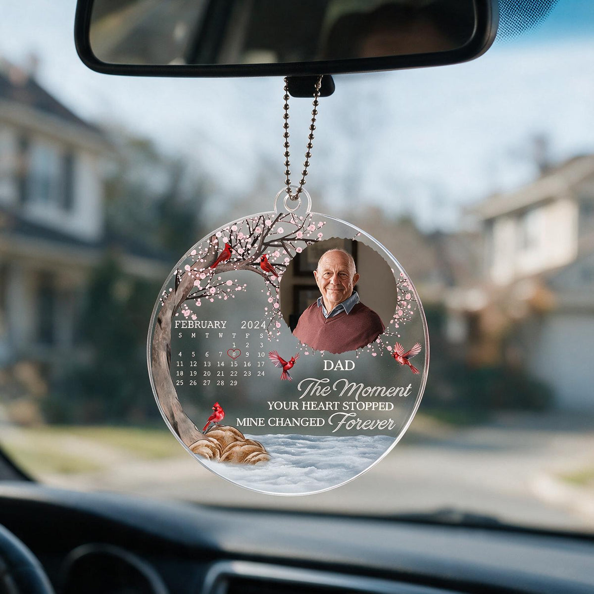 Personalized Dad Memorial Cardinal Car Ornament, Custom Photo Bereavement Gift