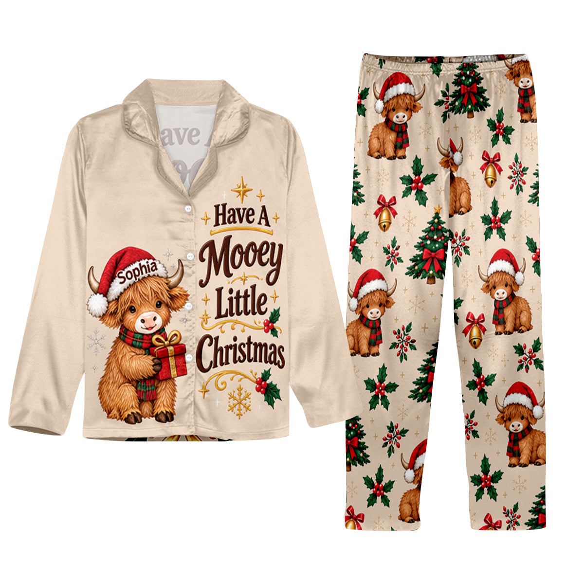 Have A Mooey Little Christmas - Personalized Highland Cow Button Down Pajamas