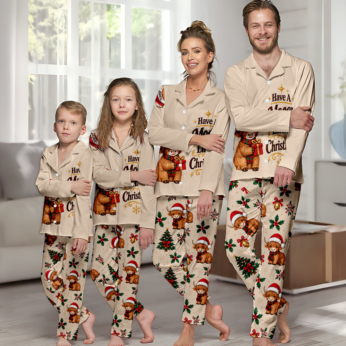 Have A Mooey Little Christmas - Personalized Highland Cow Button Down Pajamas