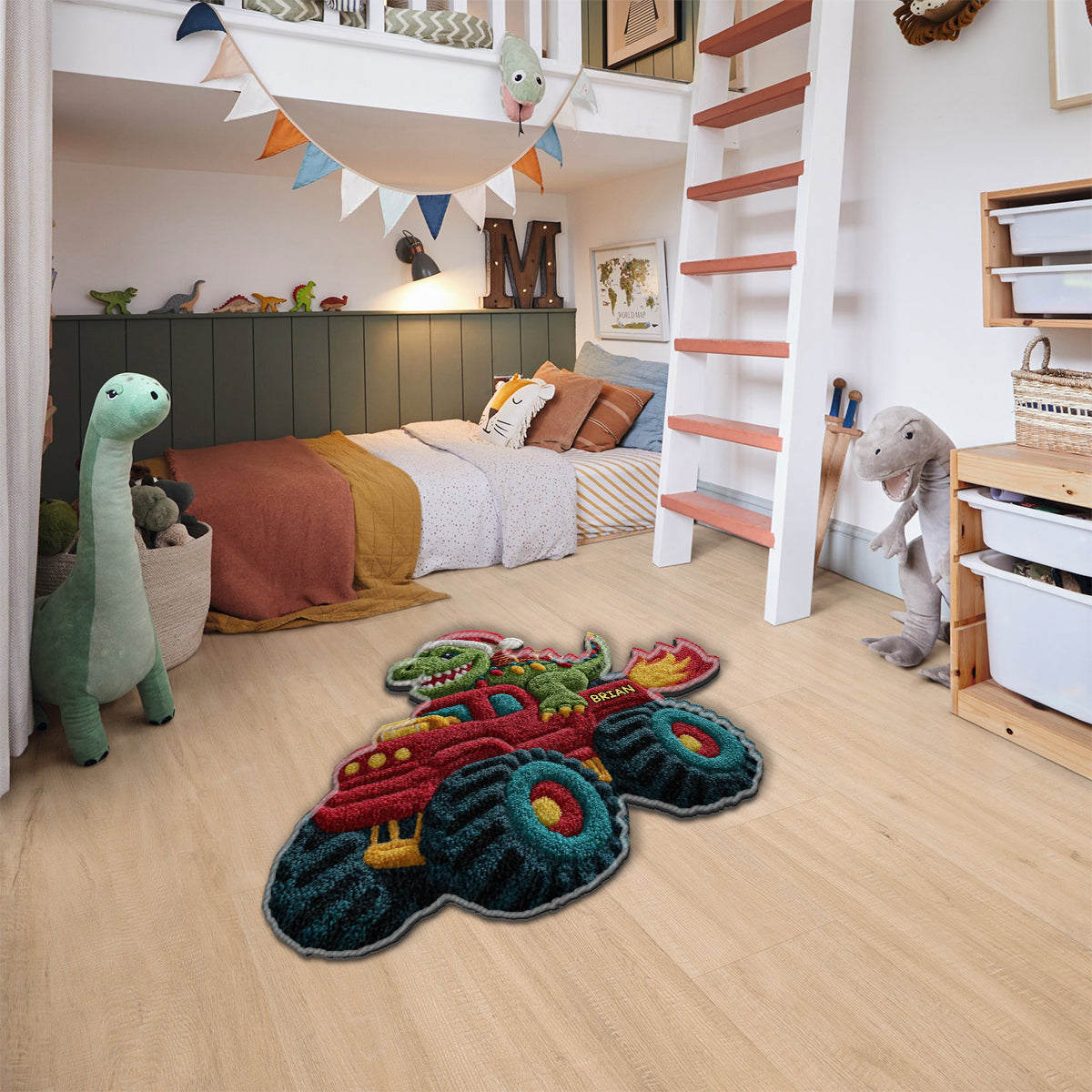 Dinosaurier-Weihnachten – Personalisierter, rutschfester Kinderteppich
