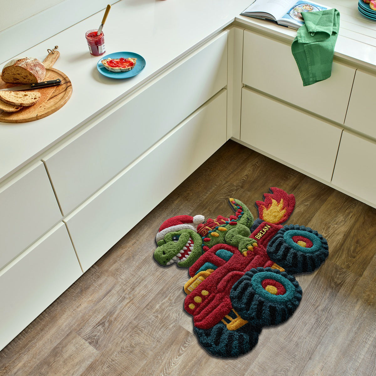 Dinosaurier-Weihnachten – Personalisierter, rutschfester Kinderteppich