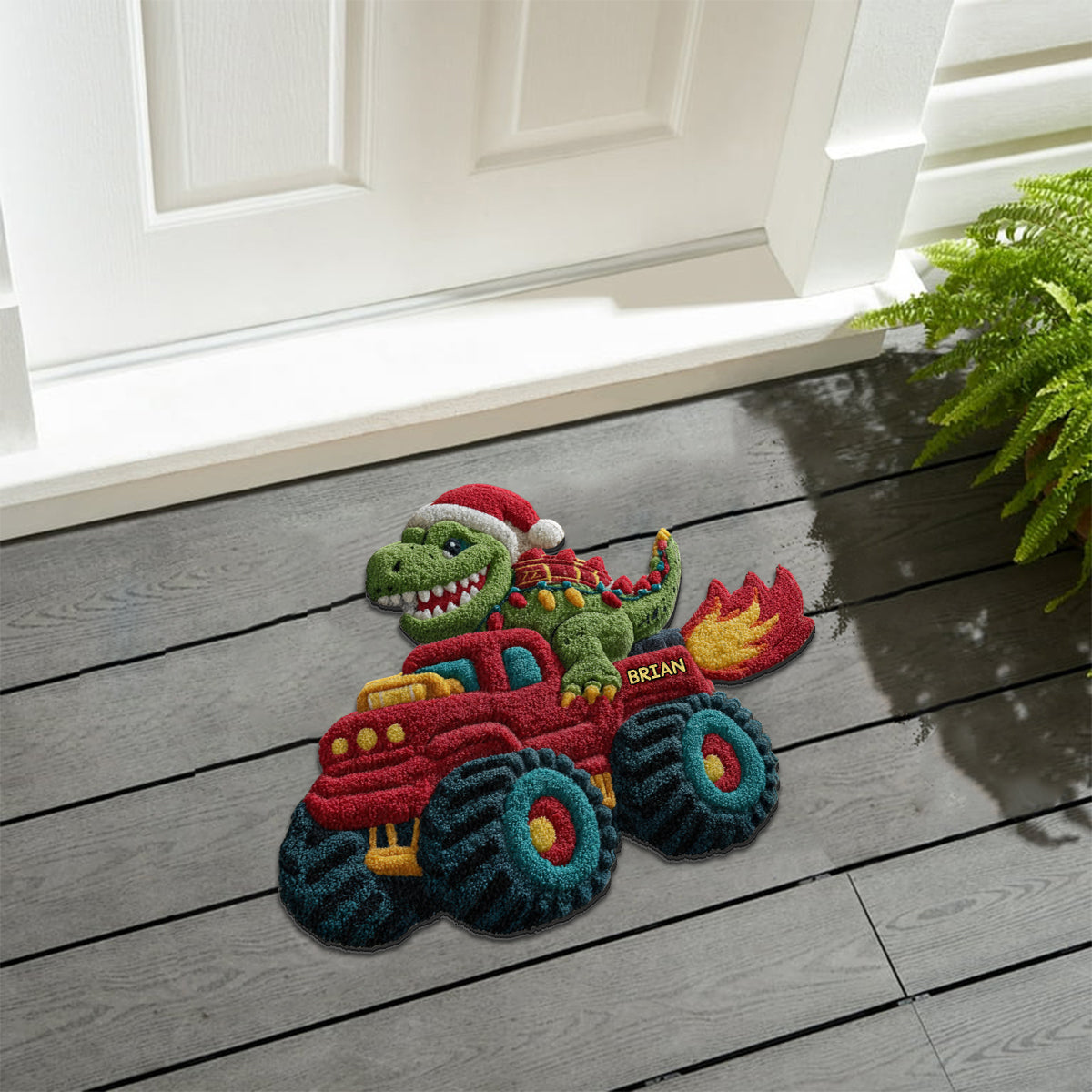 Dinosaurier-Weihnachten – Personalisierter, rutschfester Kinderteppich