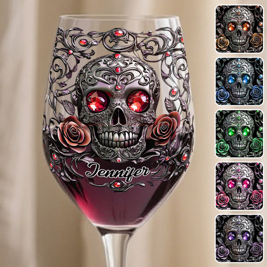 Crâne, vin et roses - Verre à vin personnalisé à longue tige