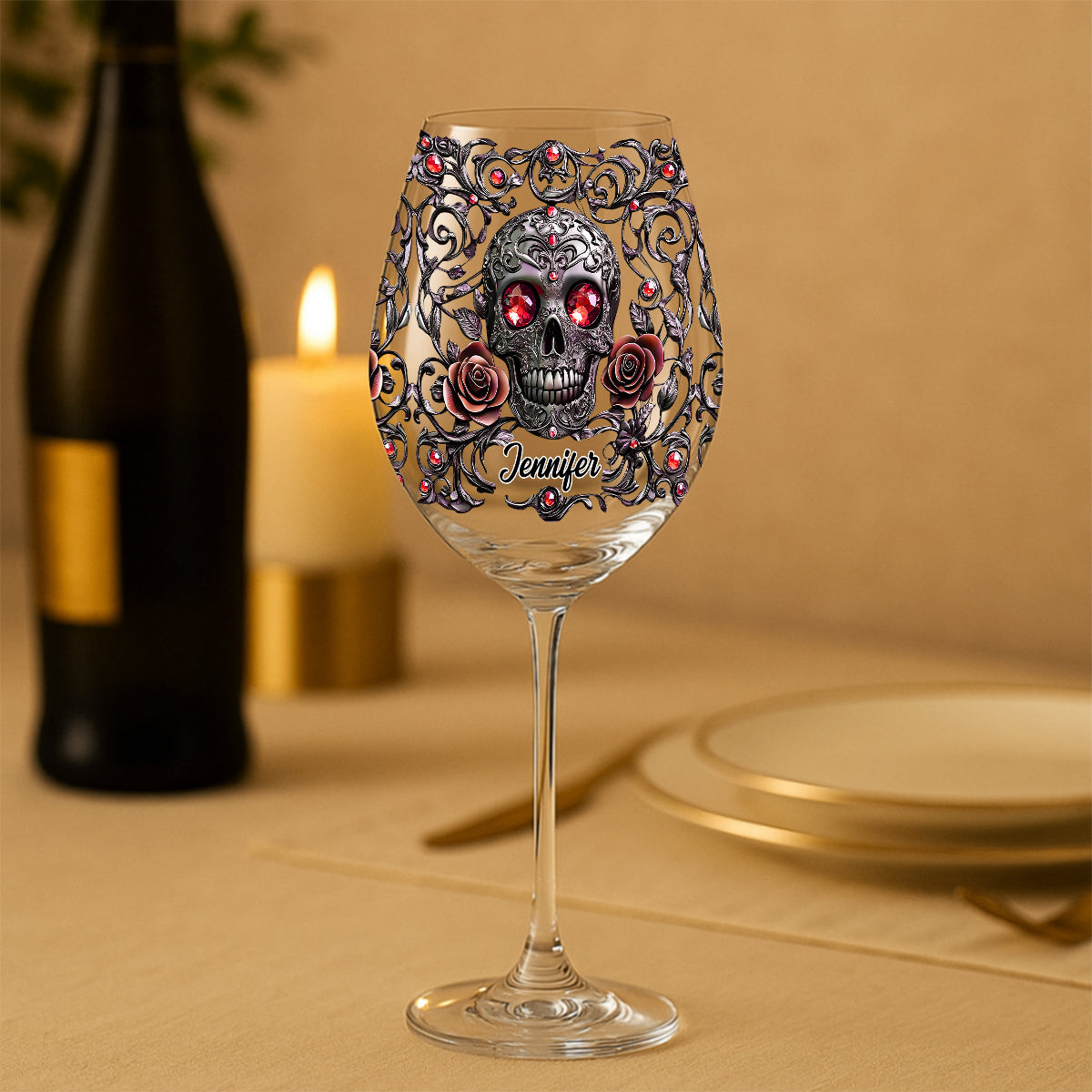 Totenkopf, Wein & Rosen – Personalisiertes Weinglas mit langem Stiel