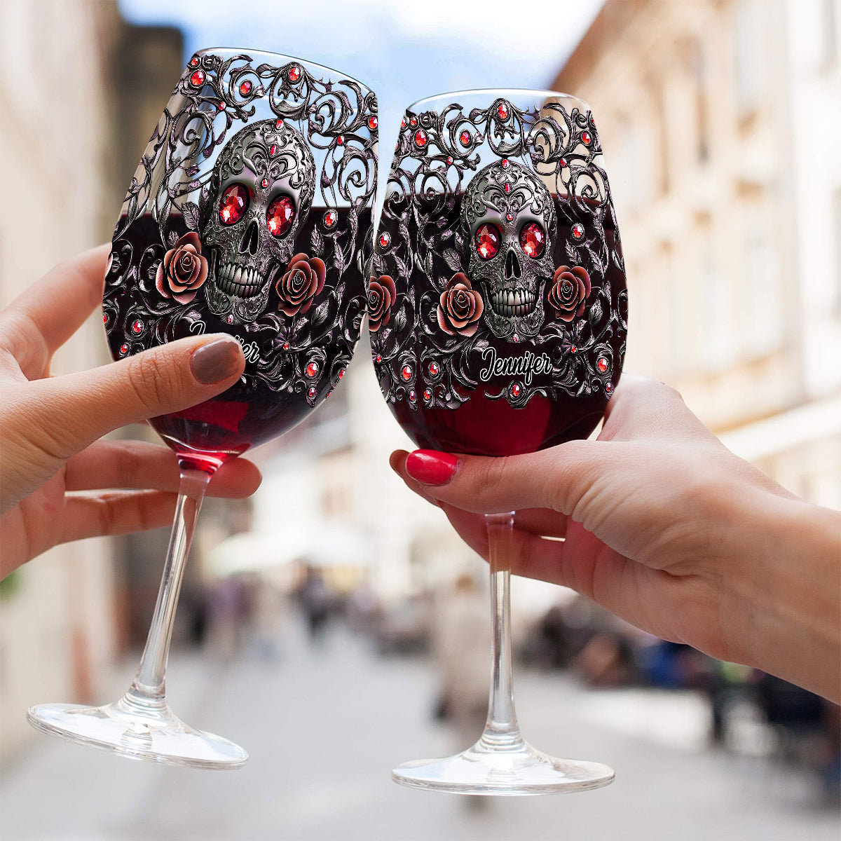 Totenkopf, Wein & Rosen – Personalisiertes Weinglas mit langem Stiel