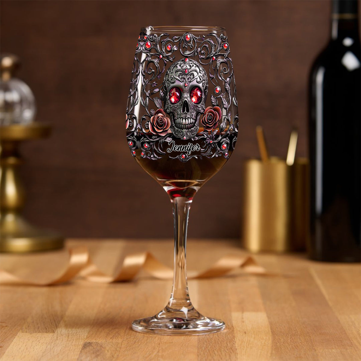 Totenkopf, Wein & Rosen – Personalisiertes Weinglas mit langem Stiel