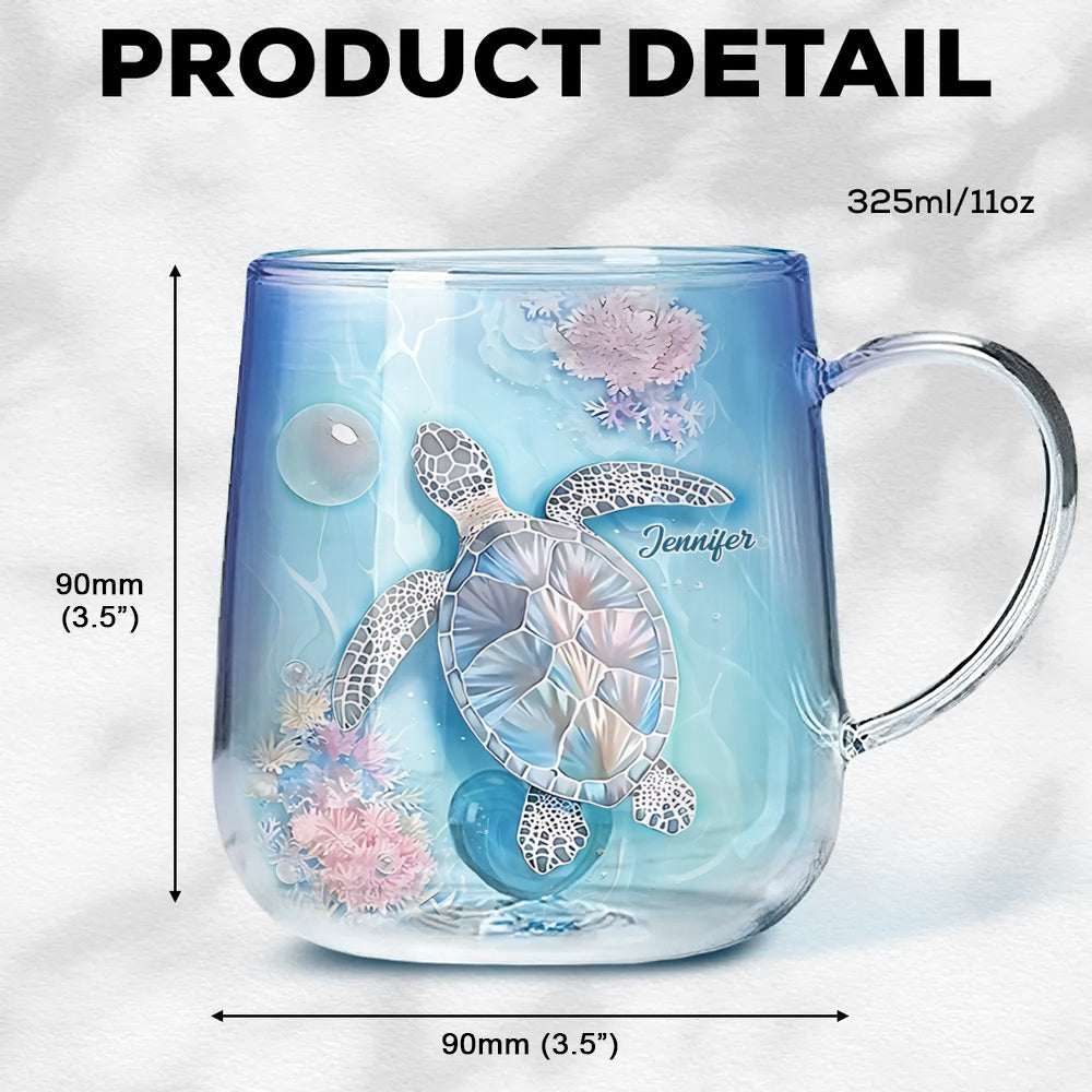 Strahlende Meeresschildkröte – personalisierter Glasbecher mit Schildkrötenmuster und Farbverlauf