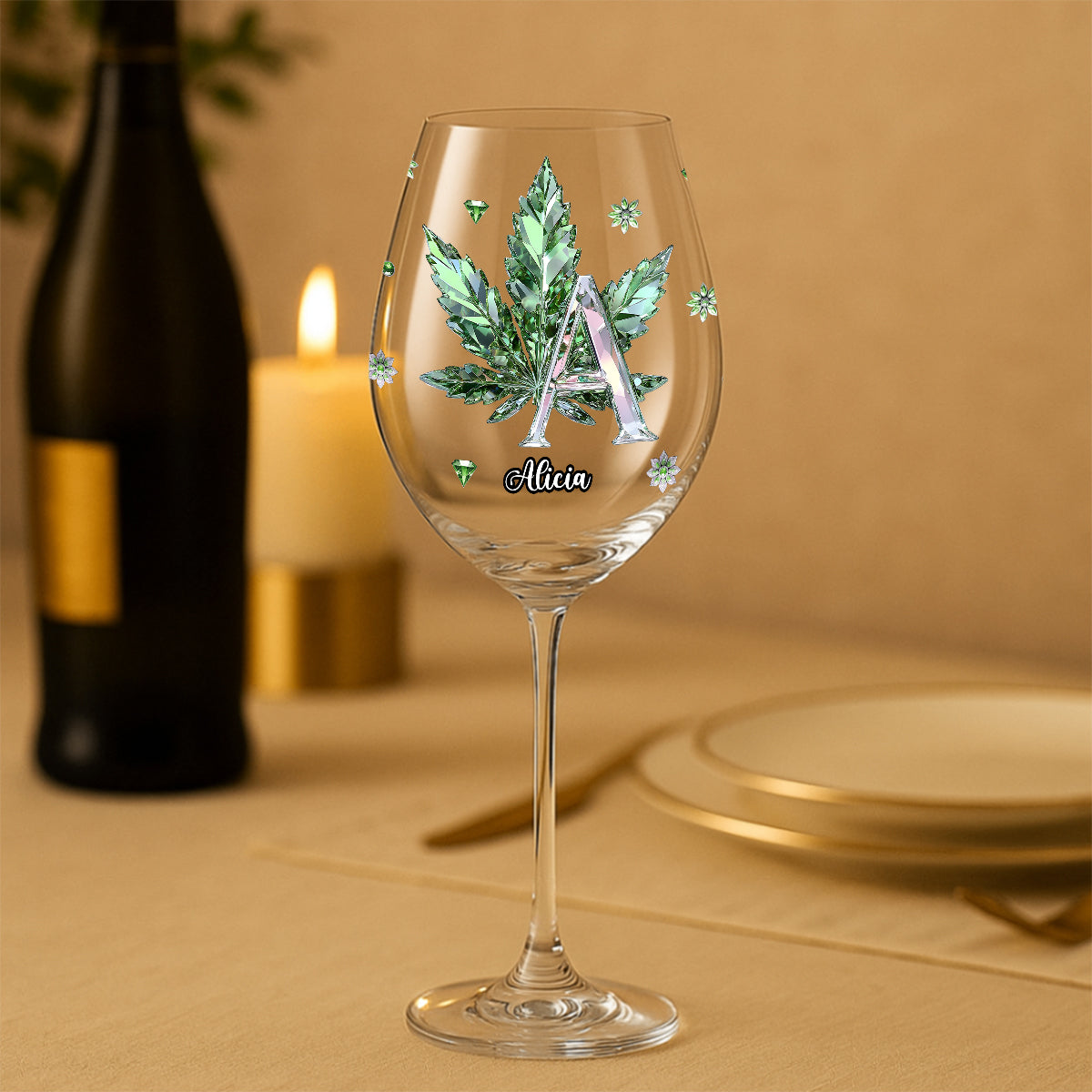 Alphabet défoncé - Verre à vin personnalisé au cannabis avec longue tige