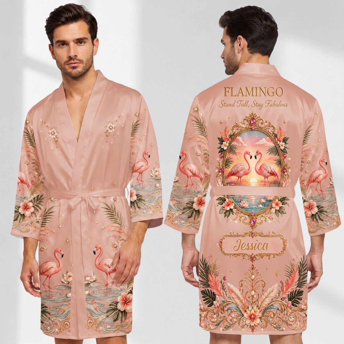 Stand Tall, Stay Fabulous - Personalized Flamingo Satin Robe