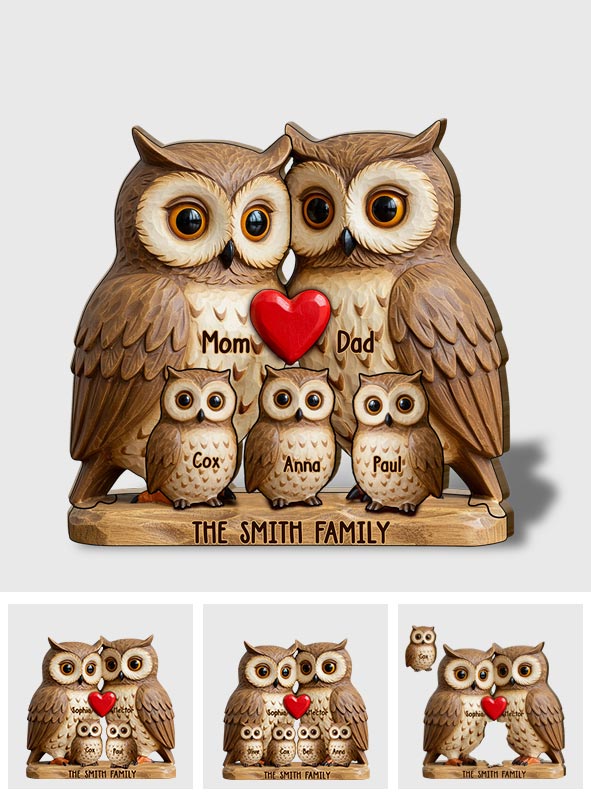 Famille de hiboux - Puzzle en bois personnalisé en forme de famille