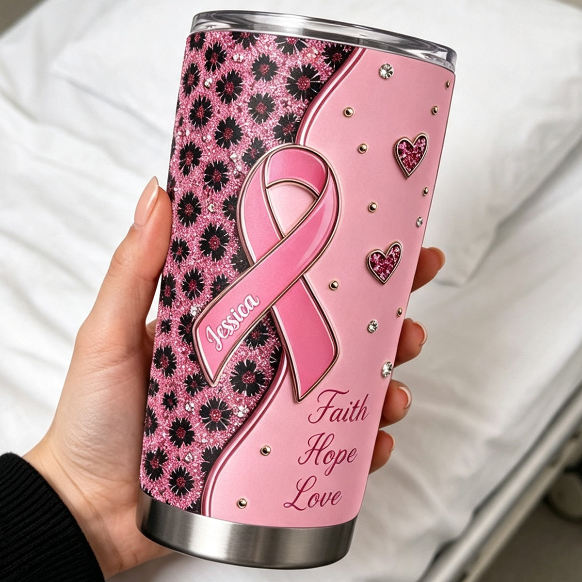 Pink Ribbon Faith Hope Love - Personalized Breast Cancer Awareness Tumbler