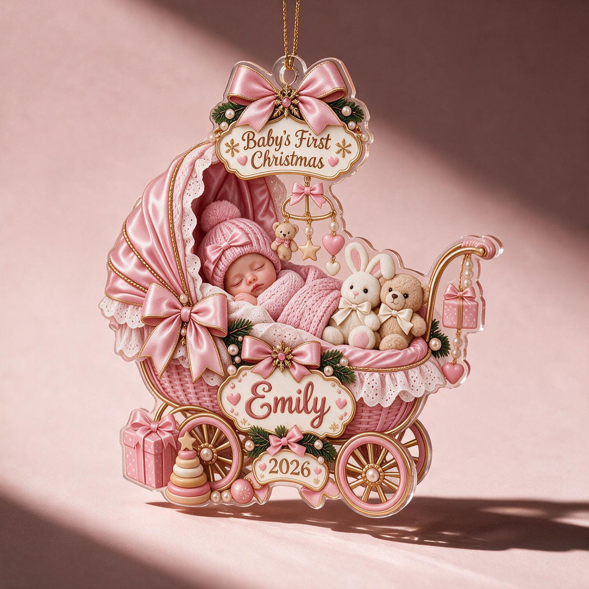 Personalized Christmas Baby in Carriage Ornament, Custom Baby's First Christmas Keepsake Gift