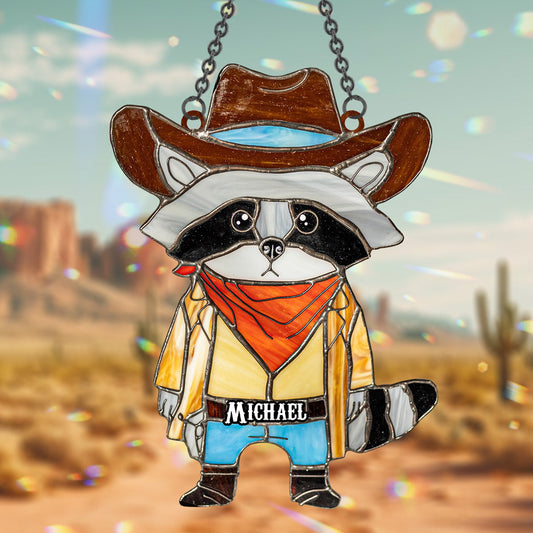 Vitrail Raton laveur Cowboy - Ornement attrape-soleil personnalisé à suspendre à la fenêtre, motif raton laveur 