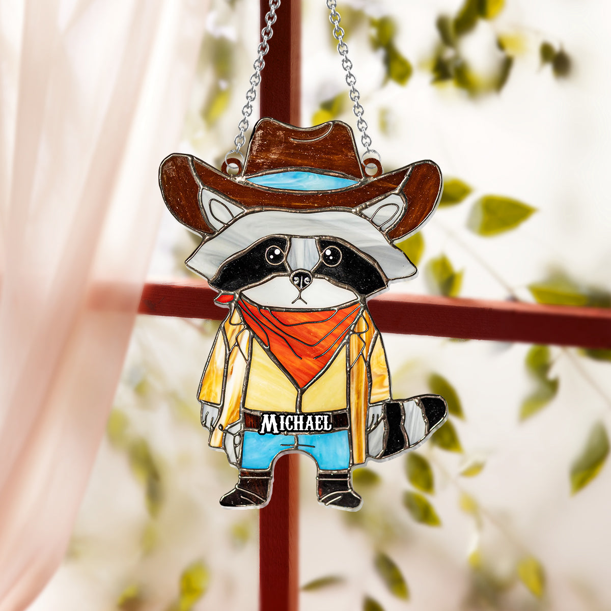 Vitrail Raton laveur Cowboy - Ornement attrape-soleil personnalisé à suspendre à la fenêtre, motif raton laveur 