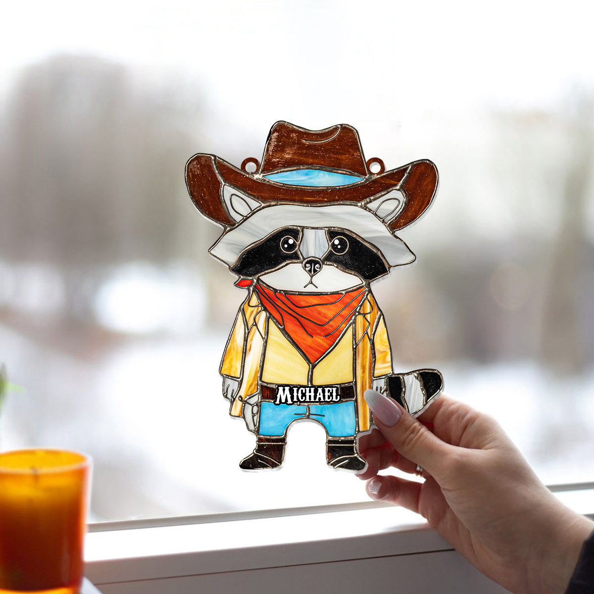 Vitrail Raton laveur Cowboy - Ornement attrape-soleil personnalisé à suspendre à la fenêtre, motif raton laveur 