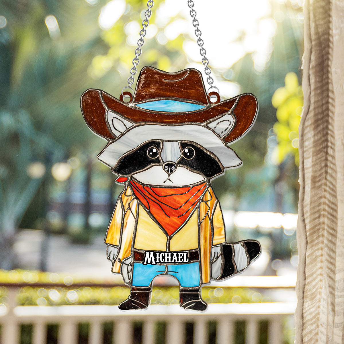 Vitrail Raton laveur Cowboy - Ornement attrape-soleil personnalisé à suspendre à la fenêtre, motif raton laveur 