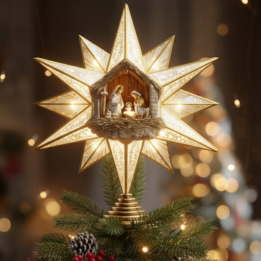 Stern von Bethlehem, Krippenszene - Personalisierte christliche LED-Lichterbaumspitze