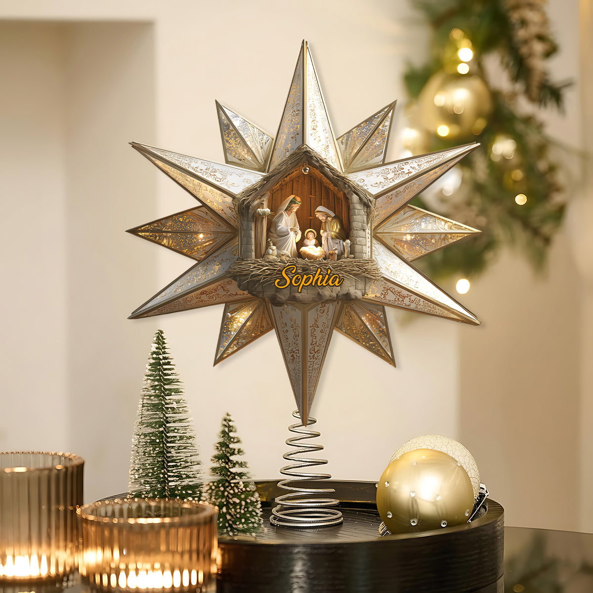 Stern von Bethlehem, Krippenszene - Personalisierte christliche LED-Lichterbaumspitze