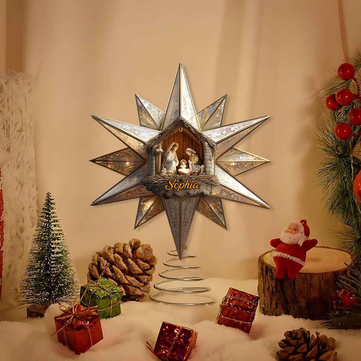 Stern von Bethlehem, Krippenszene - Personalisierte christliche LED-Lichterbaumspitze
