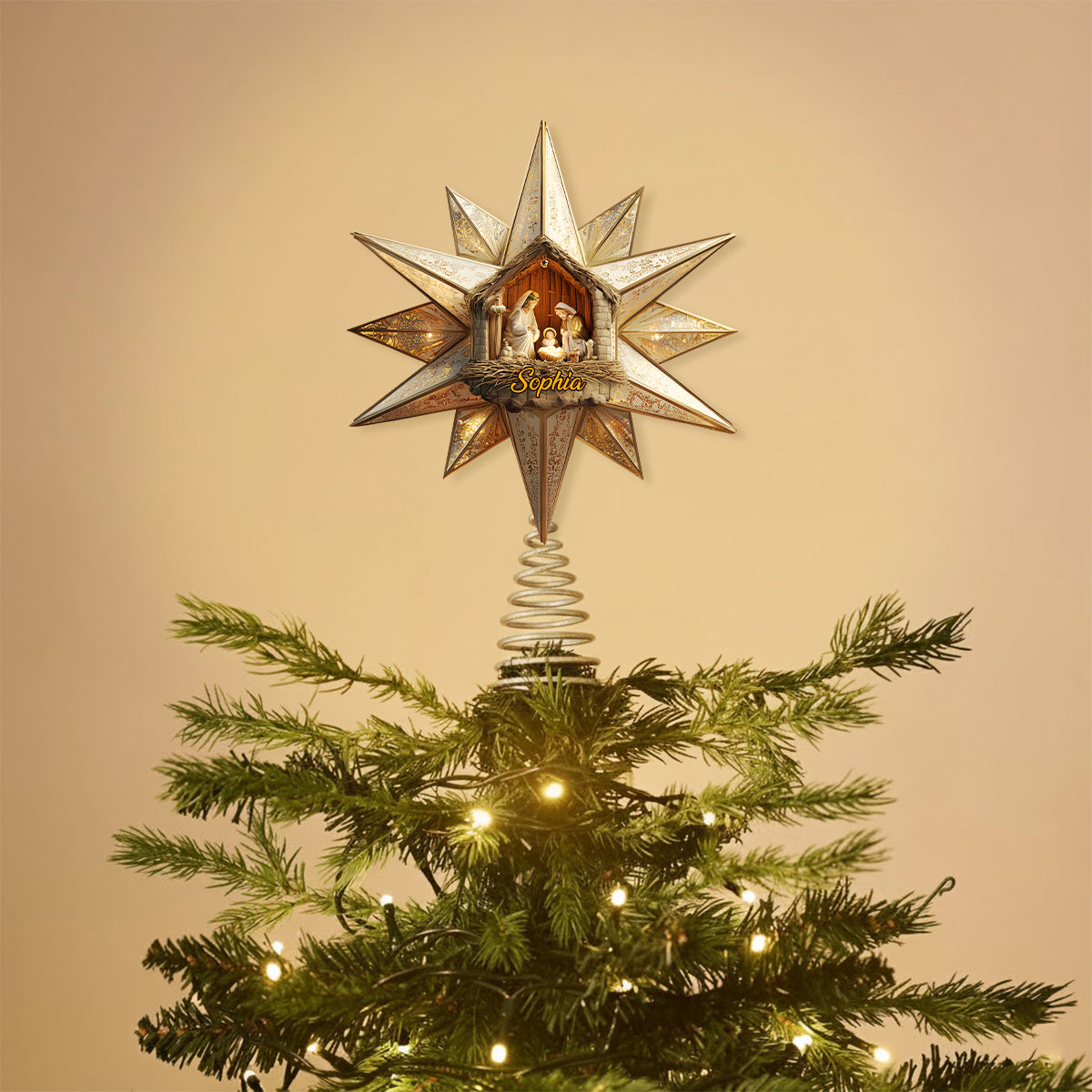 Stern von Bethlehem, Krippenszene - Personalisierte christliche LED-Lichterbaumspitze